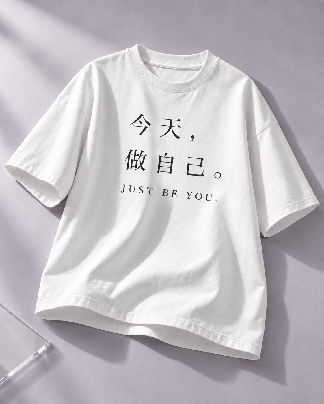 浅薰衣草摄影背景中的白色T恤，胸前印着今天做自己和JUST BE YOU